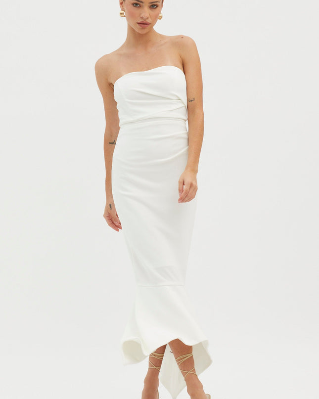 White Strapless Gathered Midi Dress