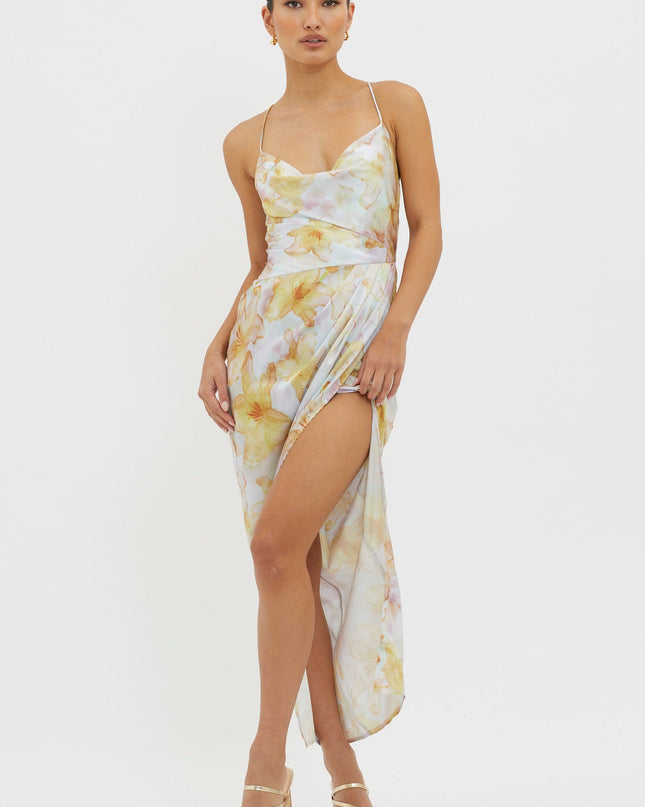 Yellow Tied Back Split Midi Dress