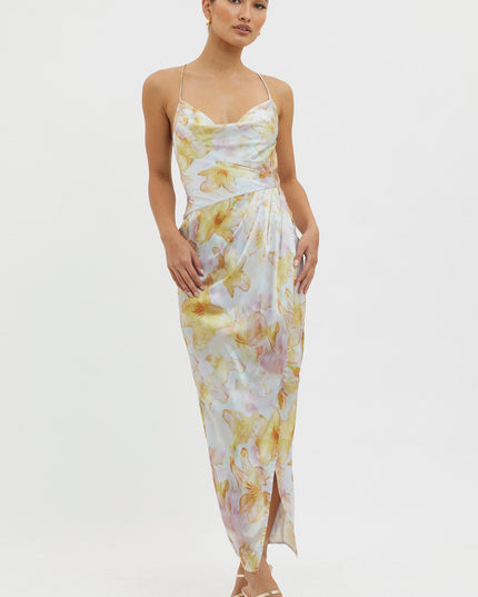 Yellow Tied Back Split Midi Dress
