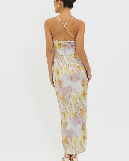 Yellow Tied Back Split Midi Dress