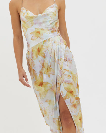 Yellow Tied Back Split Midi Dress