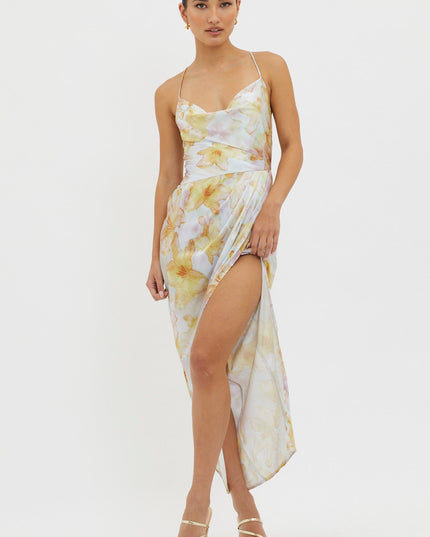 Yellow Tied Back Split Midi Dress