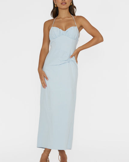 Pale Blue Gathered Bust Halterneck Midi Dress