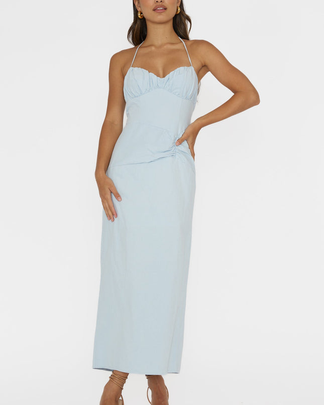 Pale Blue Gathered Bust Halterneck Midi Dress