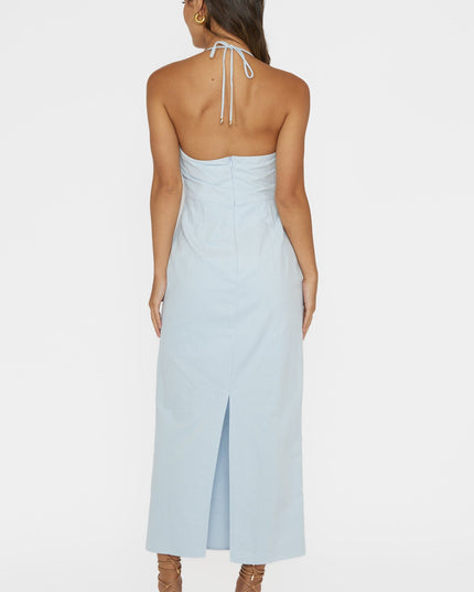 Pale Blue Gathered Bust Halterneck Midi Dress