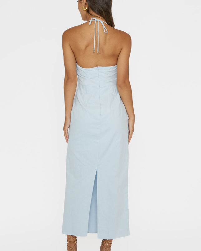Pale Blue Gathered Bust Halterneck Midi Dress