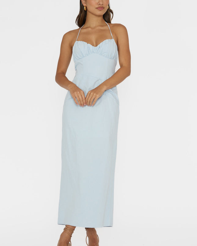 Pale Blue Gathered Bust Halterneck Midi Dress