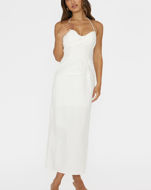 White Gathered Bust Halterneck Midi Dress