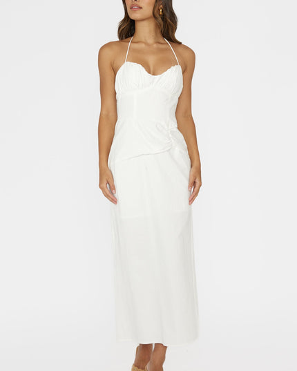 White Gathered Bust Halterneck Midi Dress
