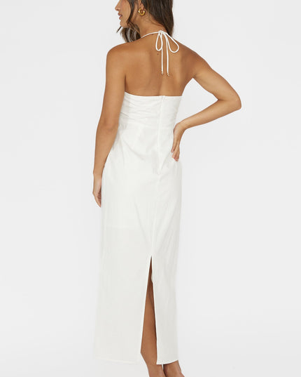 White Gathered Bust Halterneck Midi Dress