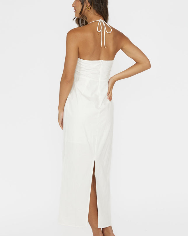 White Gathered Bust Halterneck Midi Dress