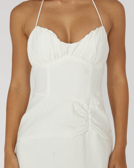 White Gathered Bust Halterneck Midi Dress
