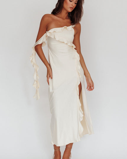 Butter Satin Ruffle Midi Dress