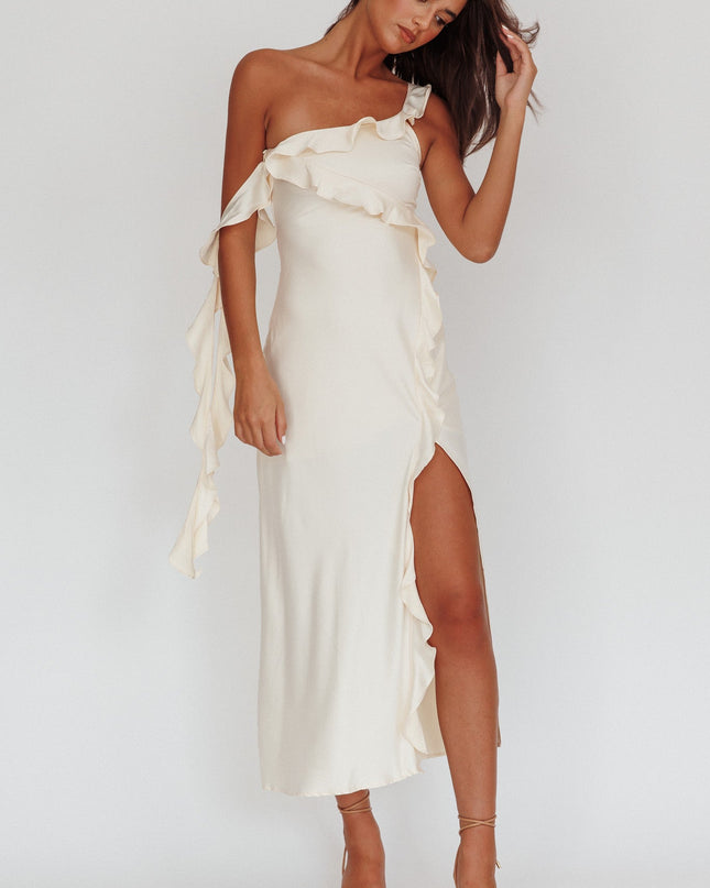 Butter Satin Ruffle Midi Dress