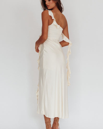Butter Satin Ruffle Midi Dress