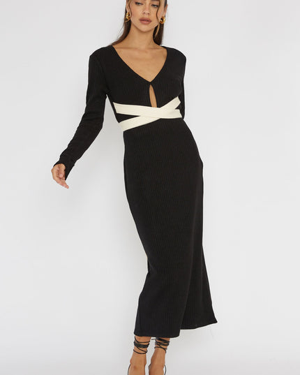 Black Long Sleeve Cut-Out Knit Dress