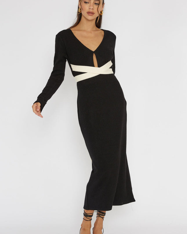 Black Long Sleeve Cut-Out Knit Dress