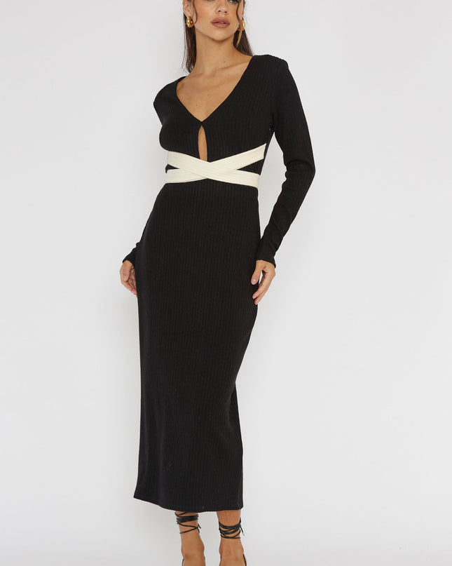 Black Long Sleeve Cut-Out Knit Dress