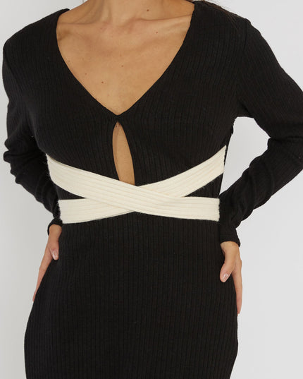 Black Long Sleeve Cut-Out Knit Dress