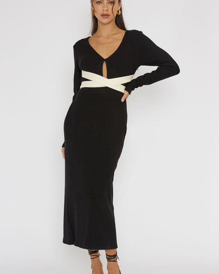Black Long Sleeve Cut-Out Knit Dress