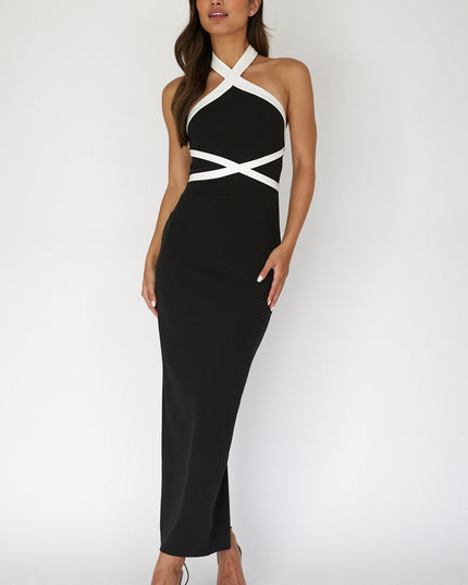 Black Halterneck Contrast Maxi Dress