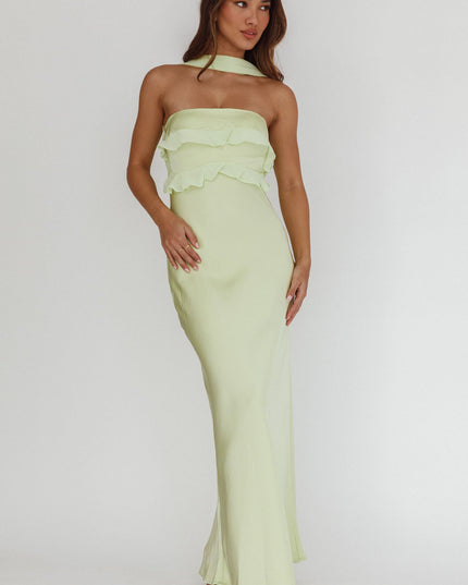 Sage Halter Frill Trim Maxi Dress