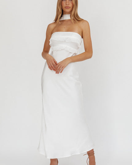 White Halter Frill Trim Maxi Dress