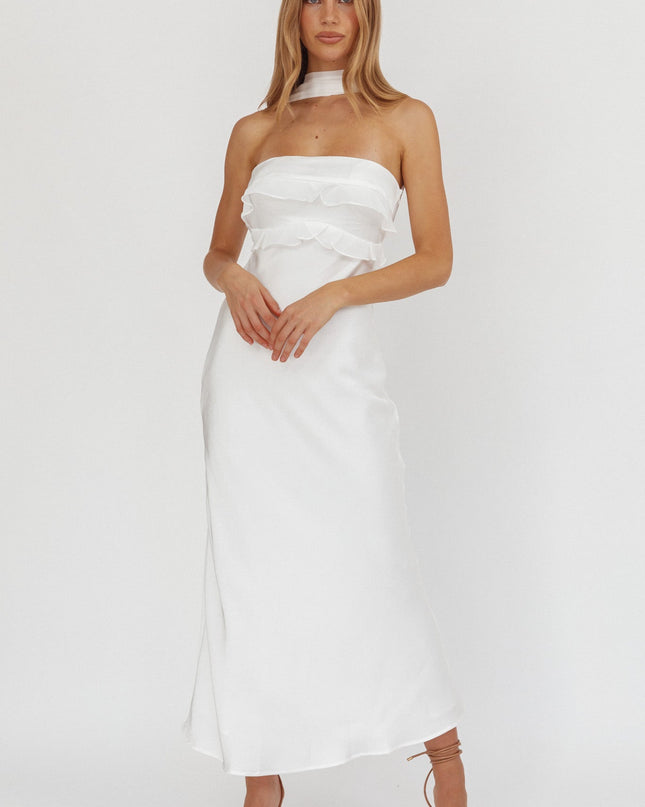 White Halter Frill Trim Maxi Dress