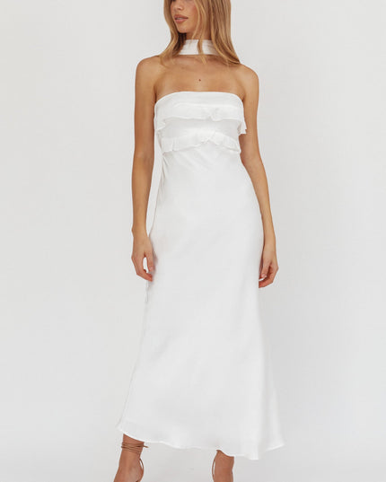 White Halter Frill Trim Maxi Dress