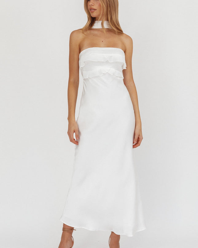 White Halter Frill Trim Maxi Dress