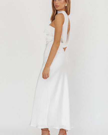 White Halter Frill Trim Maxi Dress