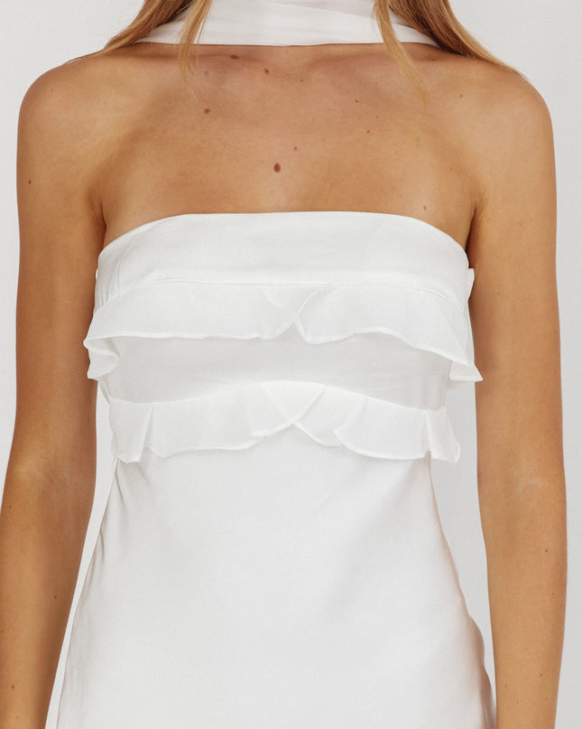 White Halter Frill Trim Maxi Dress