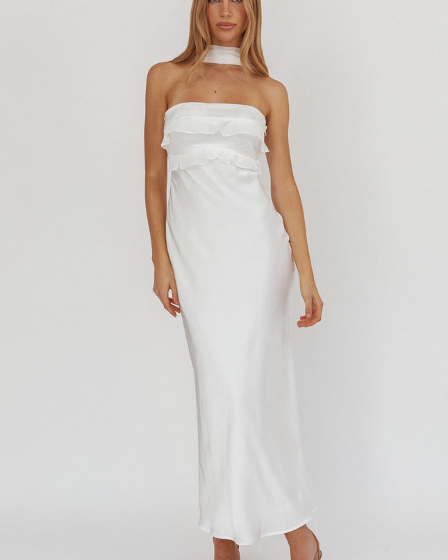 White Halter Frill Trim Maxi Dress