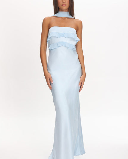 Baby Blue Halter Frill Trim Maxi Dress