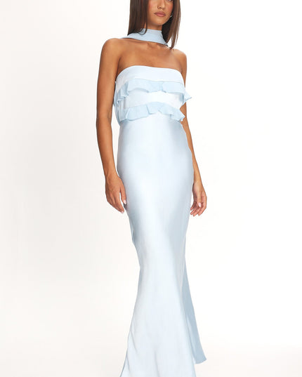 Baby Blue Halter Frill Trim Maxi Dress