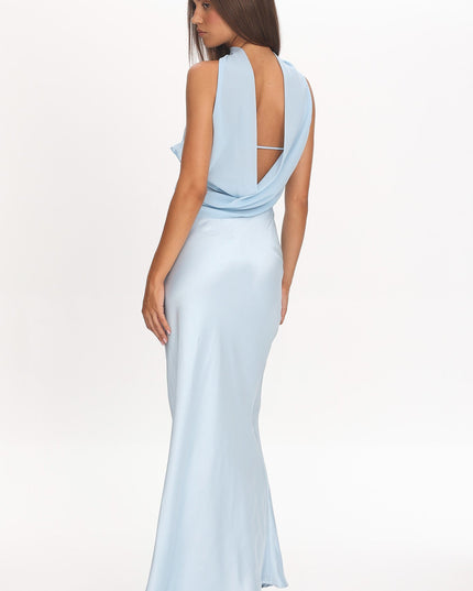 Baby Blue Halter Frill Trim Maxi Dress