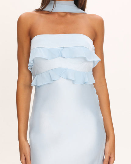 Baby Blue Halter Frill Trim Maxi Dress