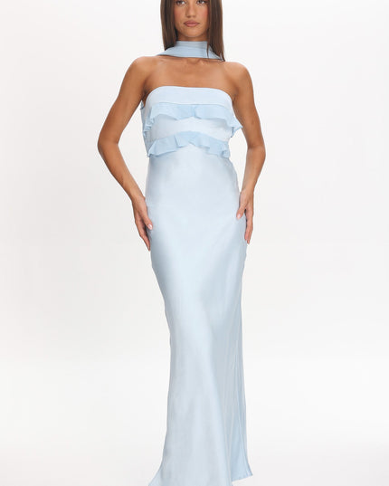 Baby Blue Halter Frill Trim Maxi Dress