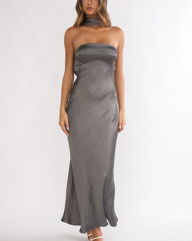 Charcoal Halter Maxi Dress Satin