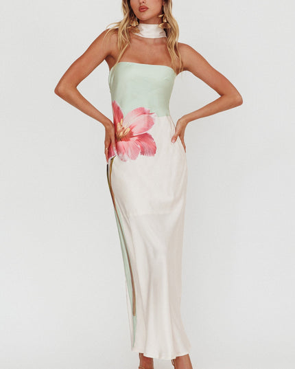 Green Halter Maxi Dress Flower