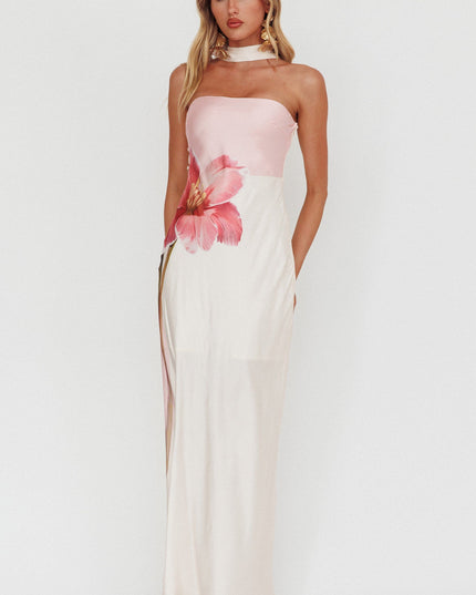 Pink Halter Maxi Dress Flower