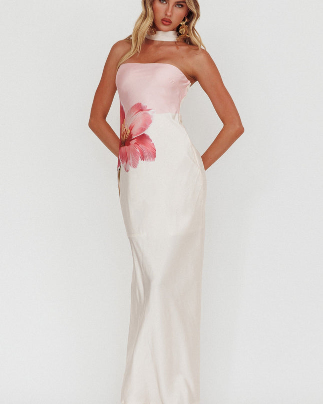 Pink Halter Maxi Dress Flower