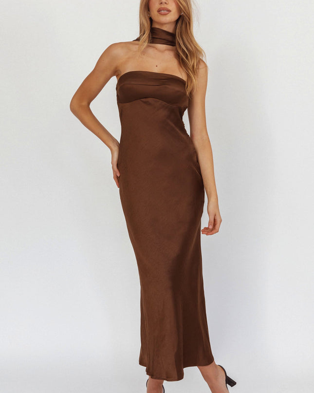 Chocolate Halter Maxi Dress Satin