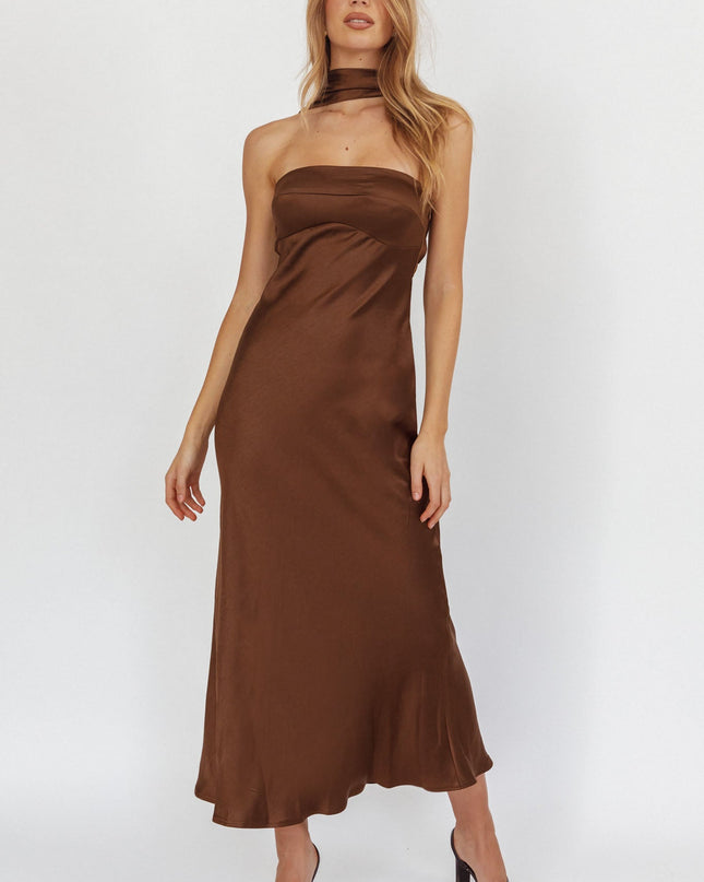 Chocolate Halter Maxi Dress Satin