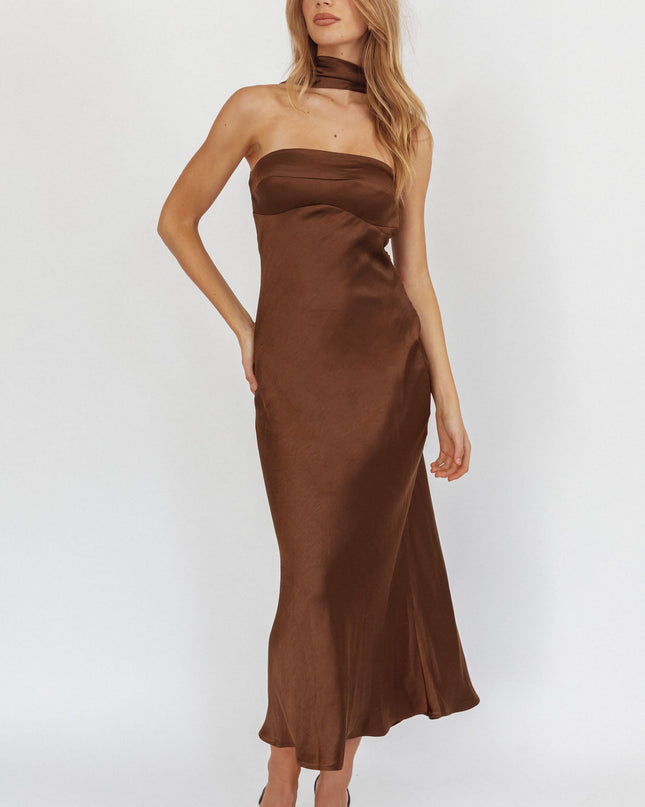 Chocolate Halter Maxi Dress Satin