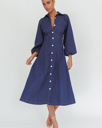Dark Denim Long Balloon Style Midi Dress