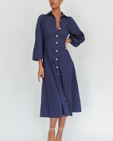 Dark Denim Long Balloon Style Midi Dress
