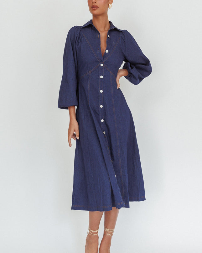Dark Denim Long Balloon Style Midi Dress
