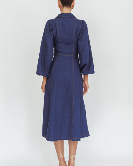 Dark Denim Long Balloon Style Midi Dress