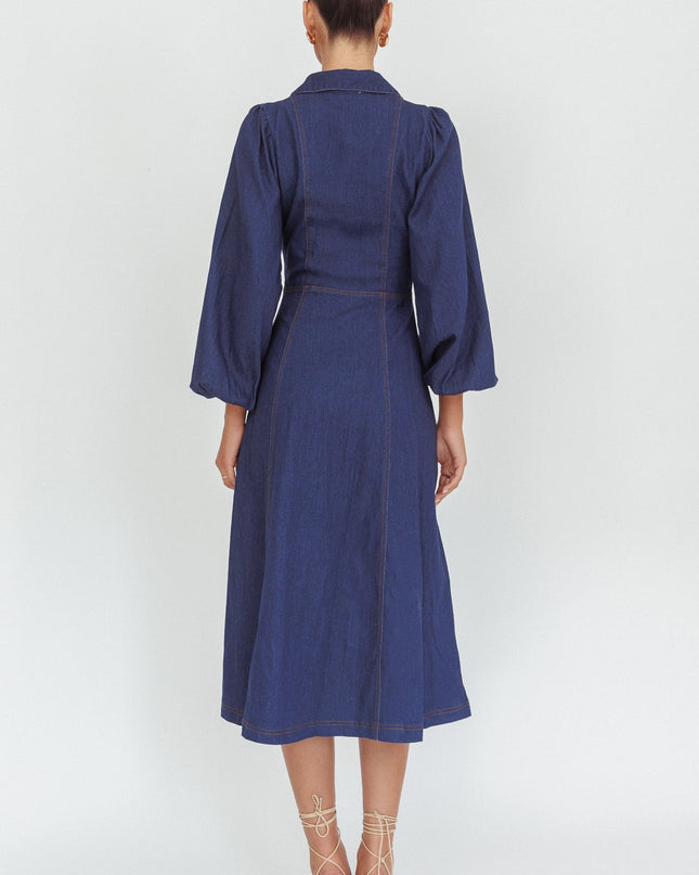 Dark Denim Long Balloon Style Midi Dress